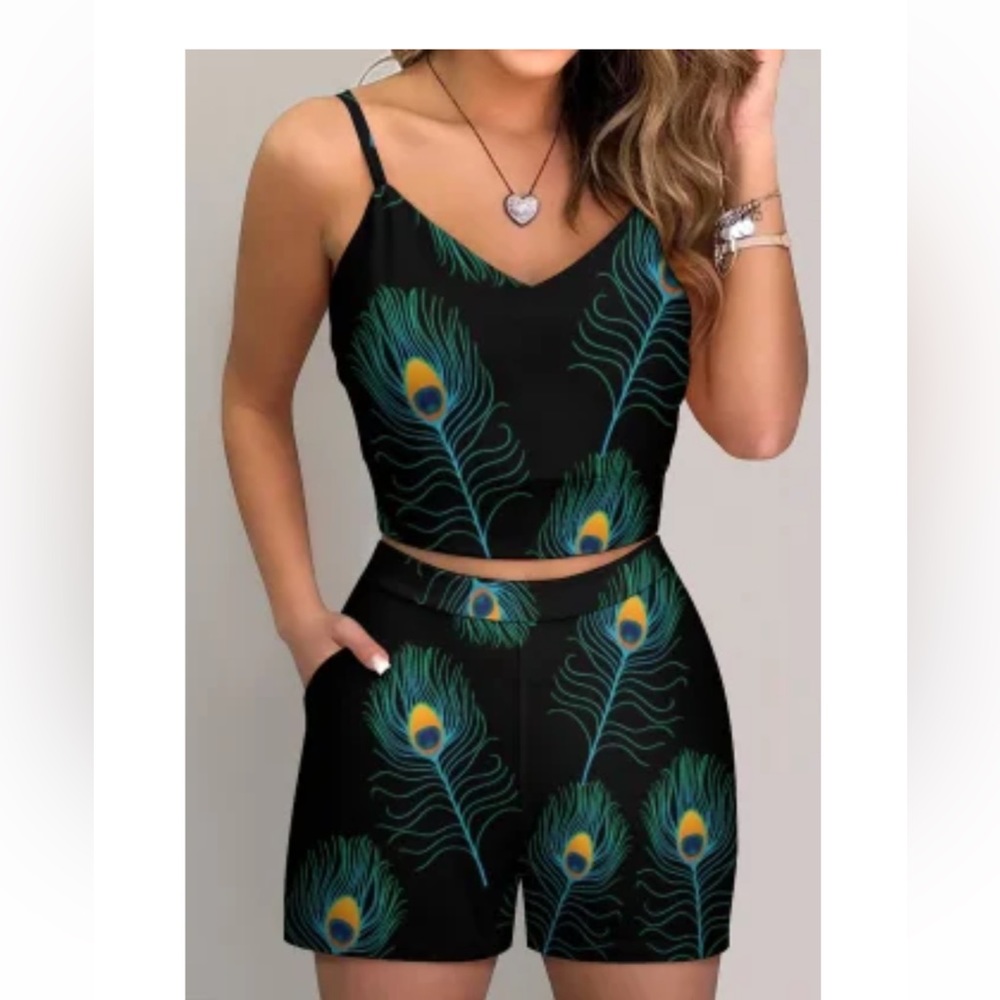 Peacock Feather Black Cute Crop Tank High Waist Shorts 2 Piece set Women New XS